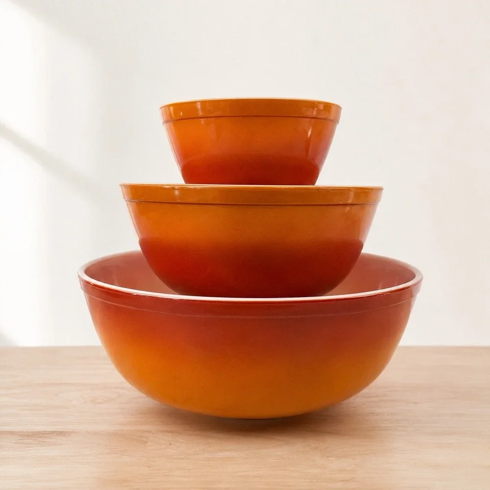 Vintage Pyrex Flameglo Mixing Bowl Set 404 403 401 Orange Nesting Bowls